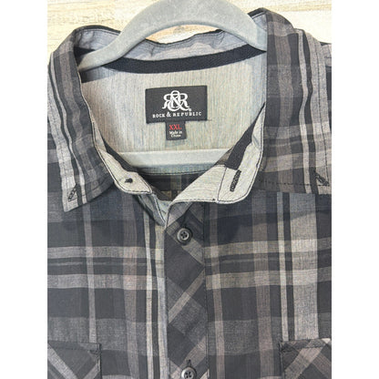 Rock and Republic Button Down Shirt Men XXL Grey Black Plaid Grunge Rocker EUC1