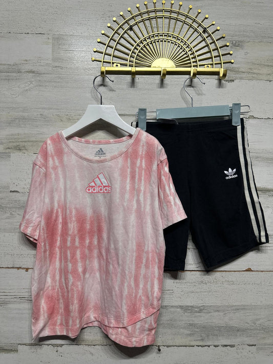 Adidas 2pc Shorts Set Girls 10/12 Pink Tie Dye Black 3-Stripe Athletic0