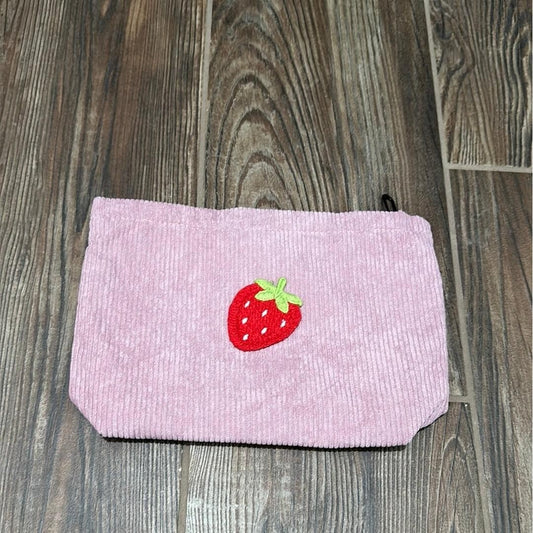 Pouch Pink Strawberry Corduroy Embroidery Zipper Bag EUC0