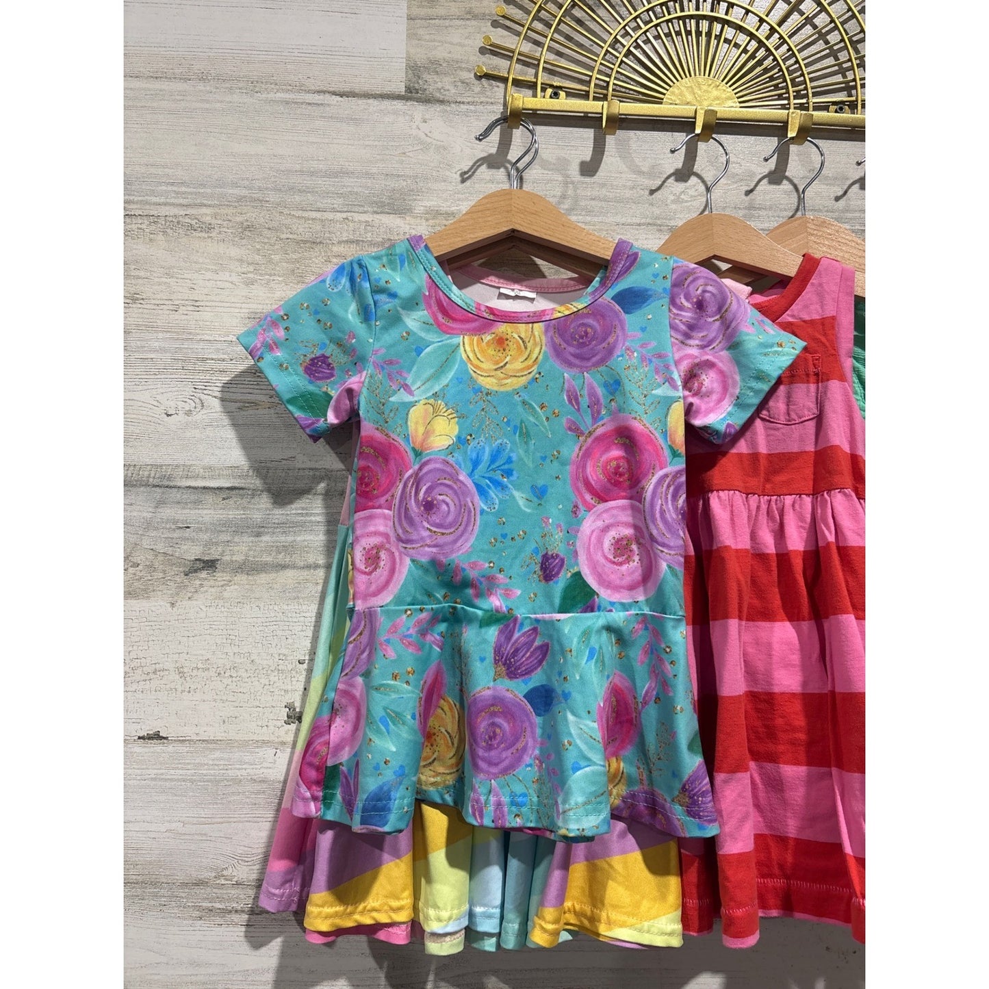 Boutique Dress Bundle Girls 2T Multicolor Rainbow Floral Plaid Pom Pom3