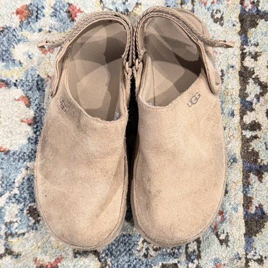 UGG Goldenstar Clog Women 5.5 Driftwood Suede Platform Strap Comfort GUC0