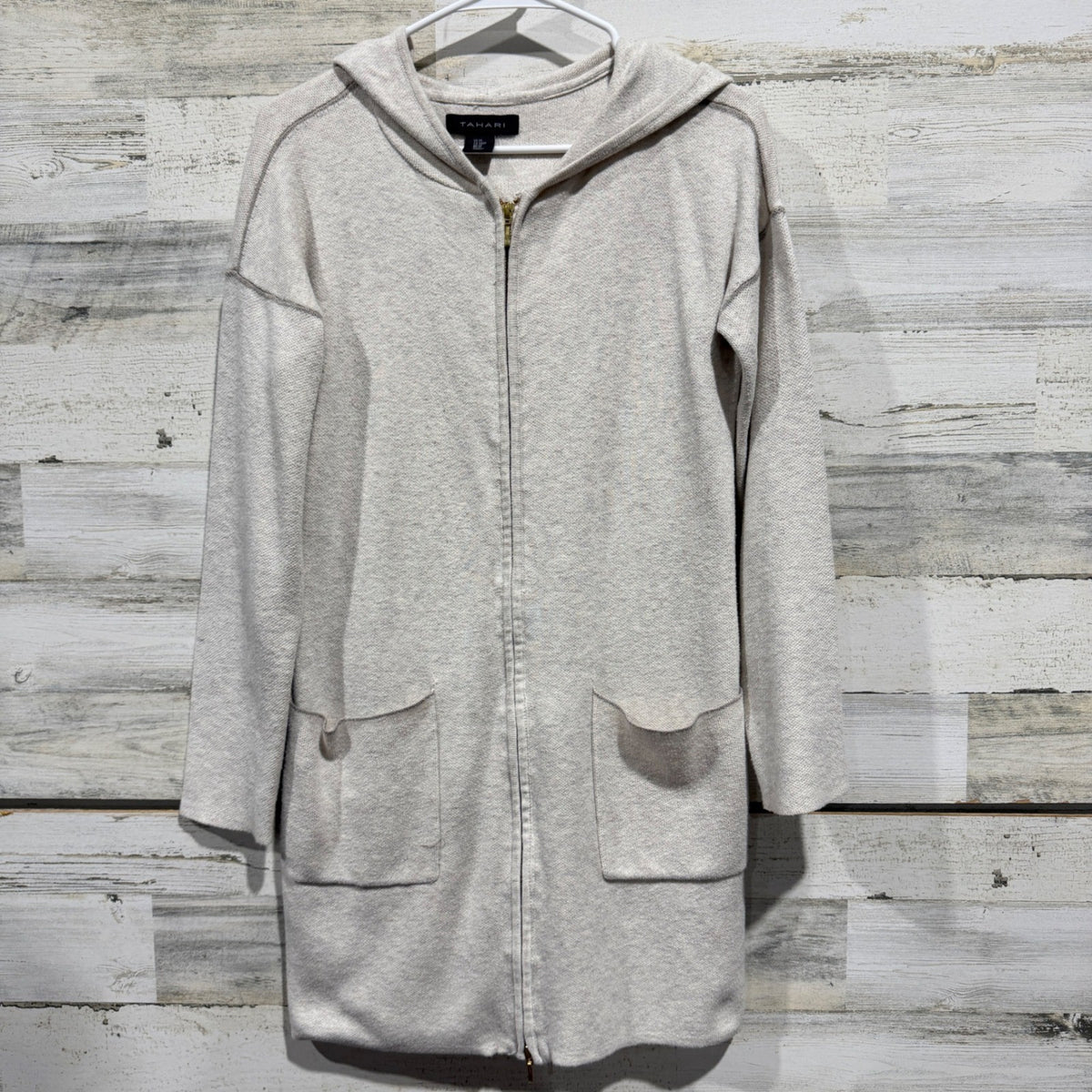 Tahari Longline Zip Hoodie Sweater Women M Oatmeal Cotton Blend Casual GUC*0