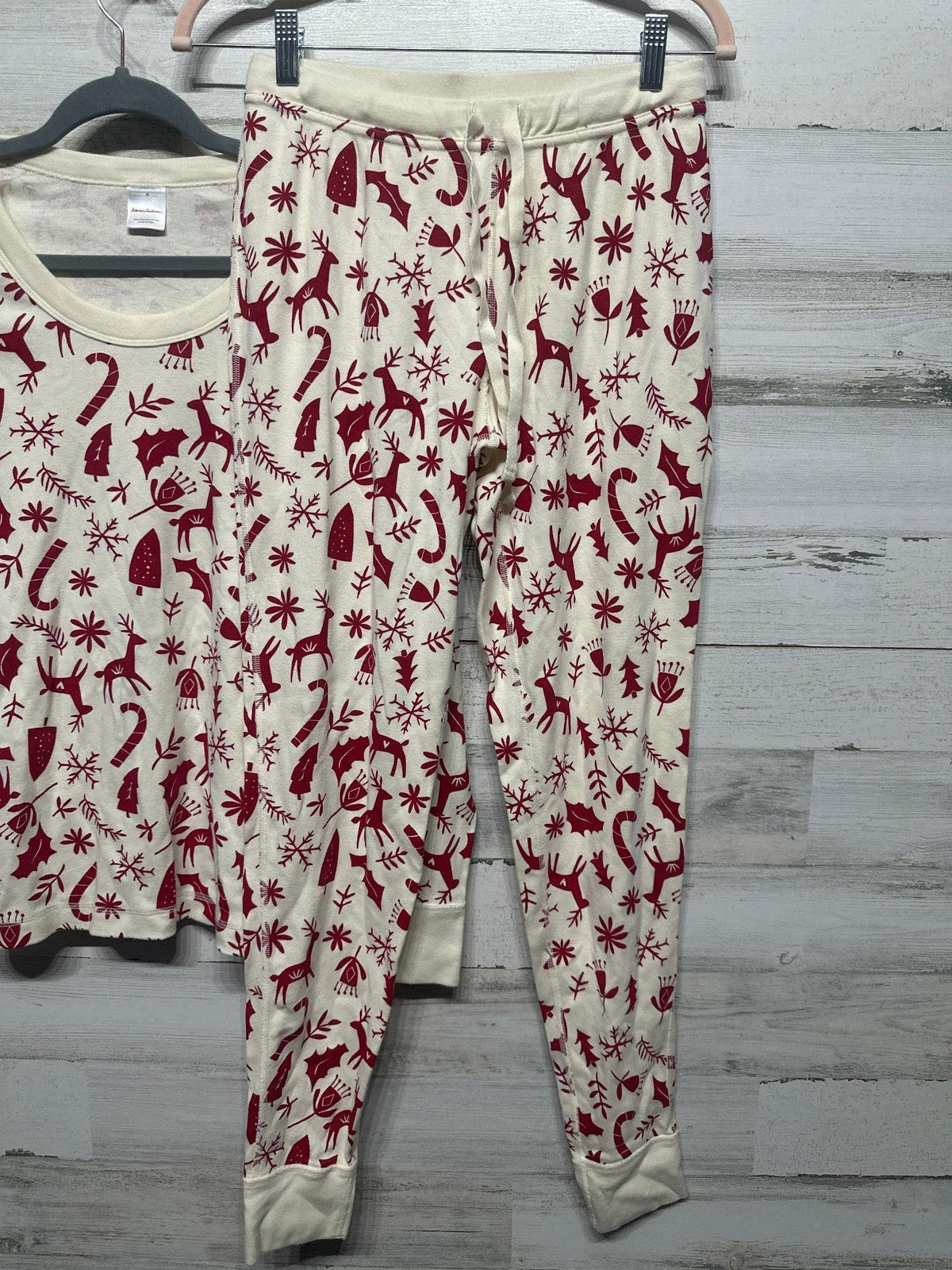 Hanna Andersson Pajama Set Womens M Ivory Red Reindeer Organic Cotton EUC3