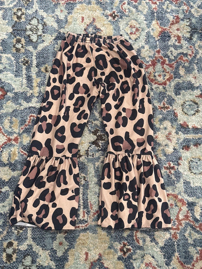 Leopard Bell Bottom Pants Girls 3T Tan Animal Print Ruffle Flare1