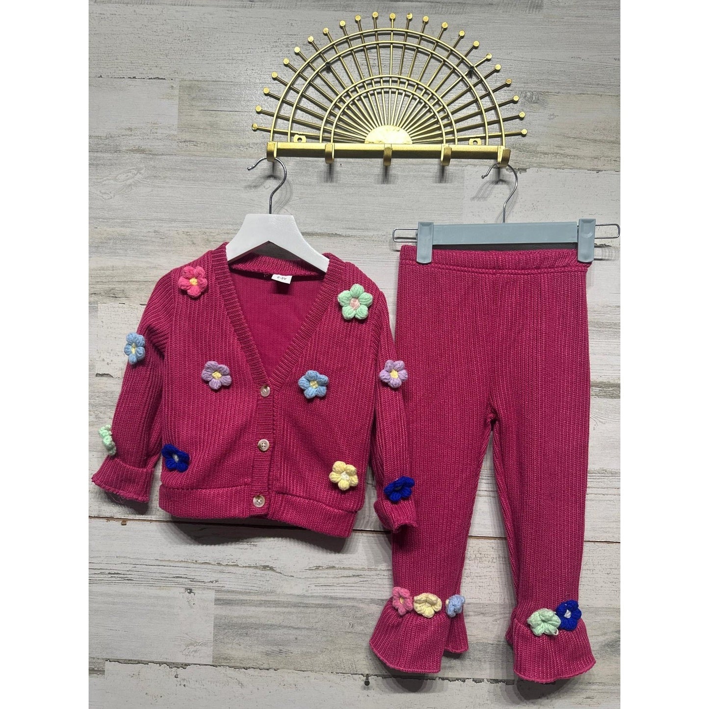 Boutique Knit Sweater Set Girls 2-3Y Magenta Flower Crochet Flare Pants *Flawed0