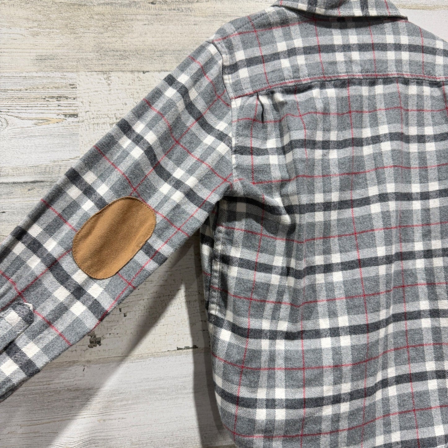 Hope & Henry Plaid Shirt Boys Small Gray Elbow Patch Organic Cotton Preppy EUC2