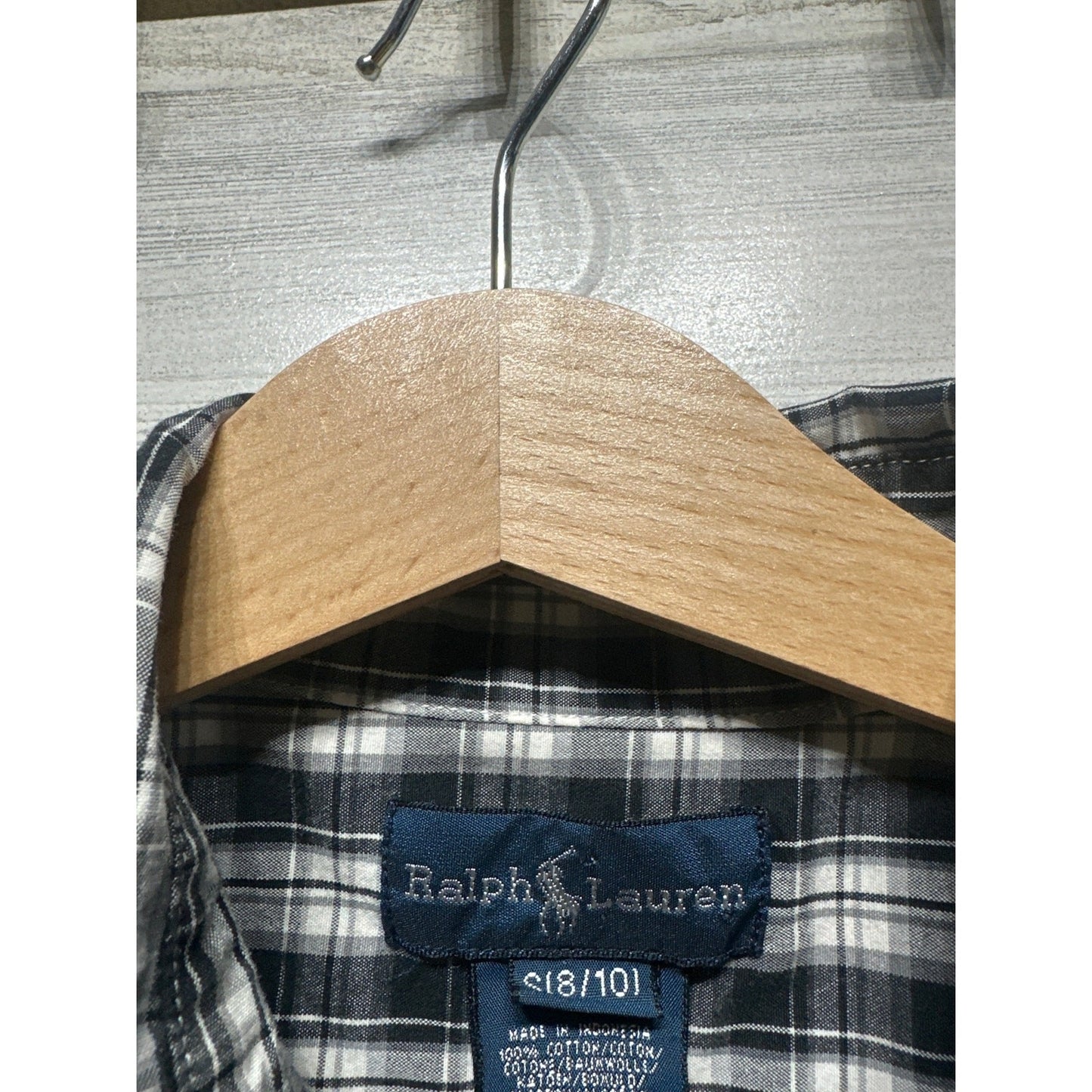 Ralph Lauren Button Down Kids Size 8/10 Black White Plaid Long Sleeve EUC1