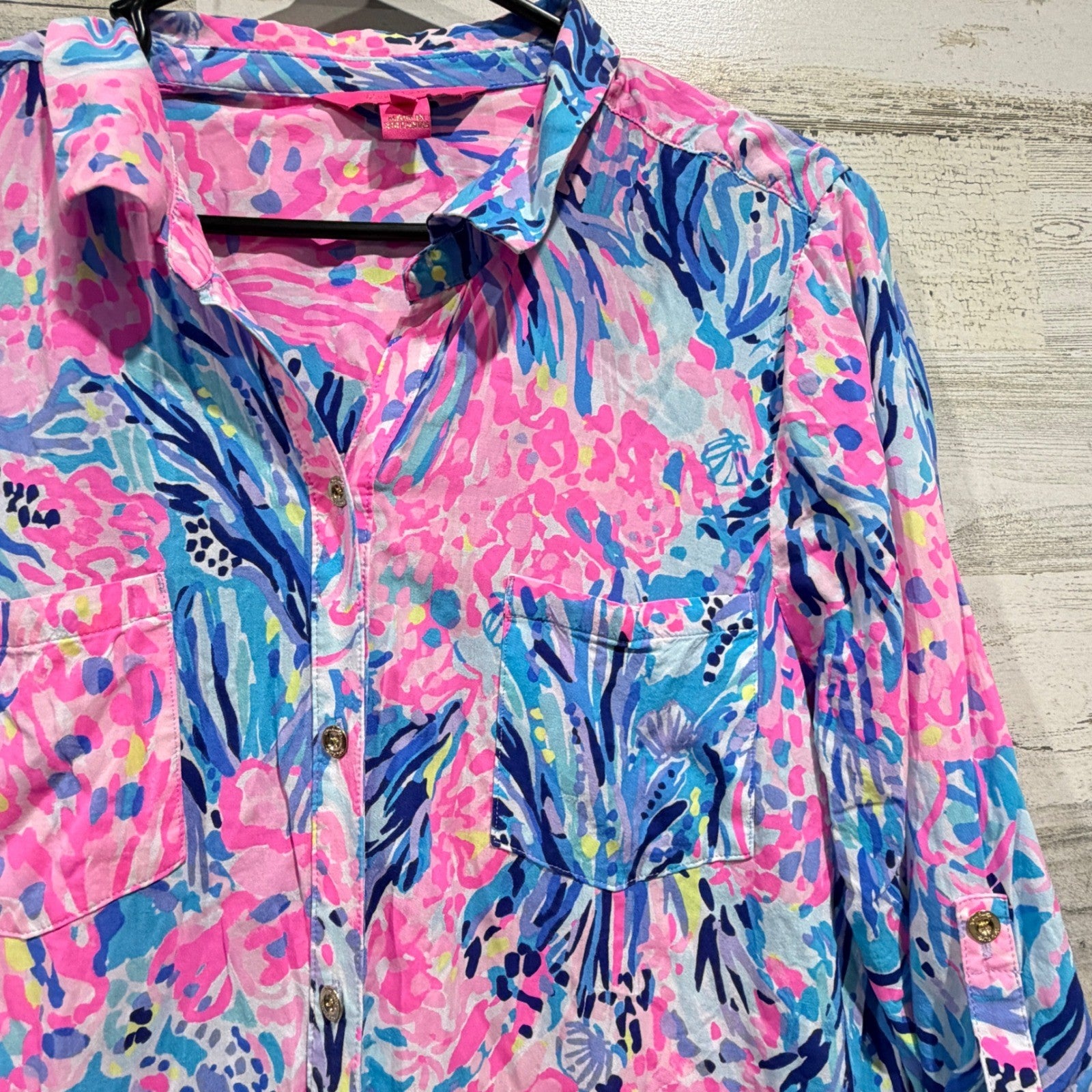 Lilly Pulitzer Button Down Tunic Women Medium Pink Blue Floral Rayon Preppy EUC1