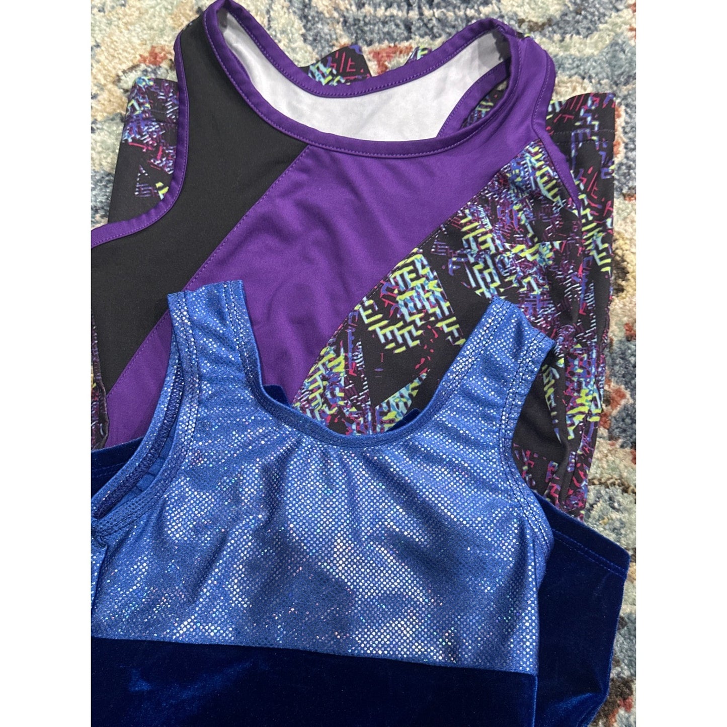 Dance Unitard Bundle Biketard Girls XS 4-5 Purple Blue Velvet Geometric EUC2