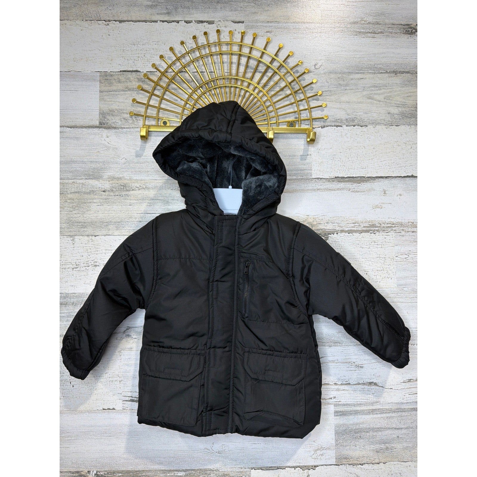 Body Glove Puffer Jacket Boys 24M Black Hooded Faux Fur Winter Gorpcore EUC0