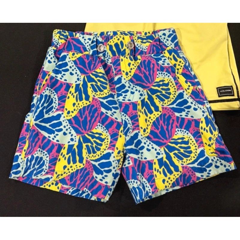 Volcom Blue Quail Swim Set Boys 4T Yellow Blue Butterfly Rash Guard Trunks GUC1