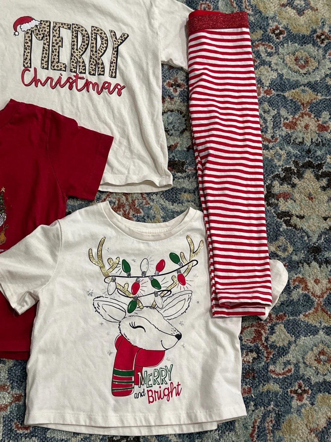 Christmas Bundle Girls 4T Red White Graphic Tees Striped Leggings2