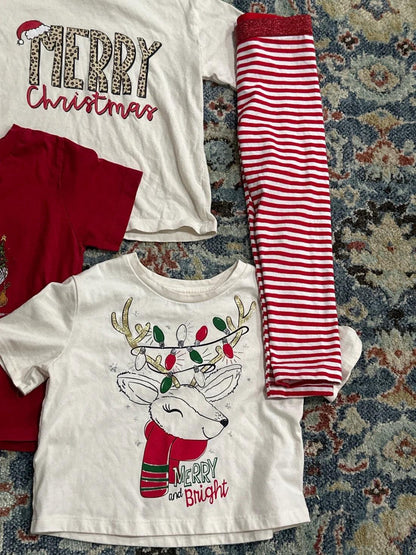 Christmas Bundle Girls 4T Red White Graphic Tees Striped Leggings2