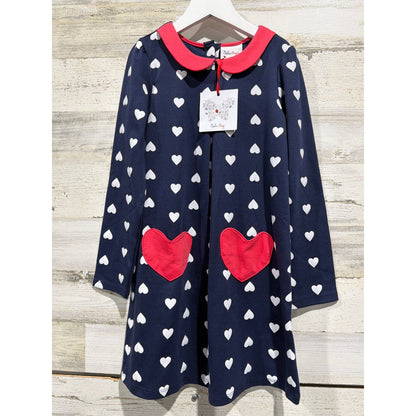 Nula Bug Heart Print Dress Girls 7 Navy Blue Peter Pan Collar Preppy NWT0