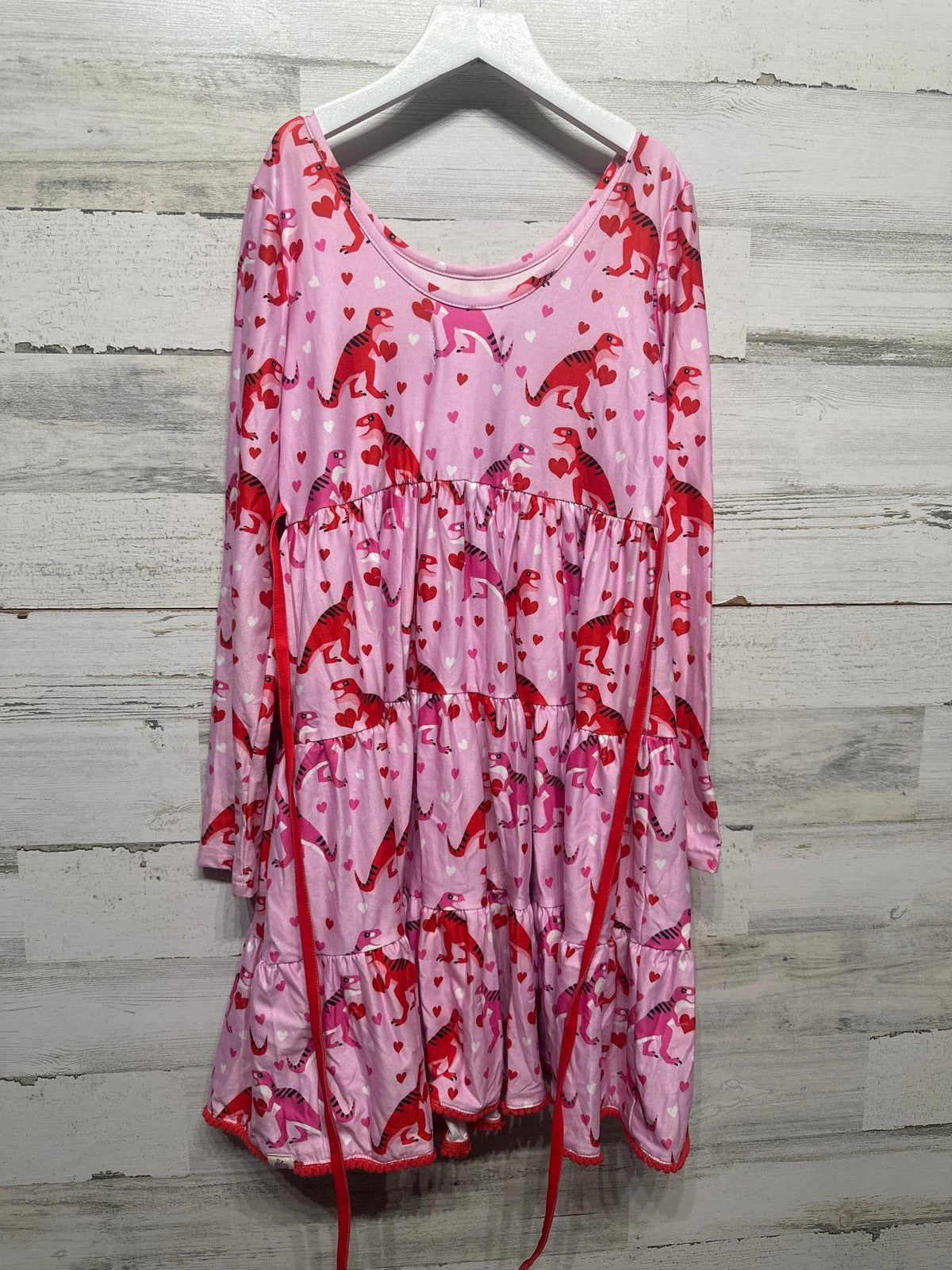 Cheeky Plum Dinosaur Heart Dress Kids 12Y Pink Red Peter Pan Collar EUC2