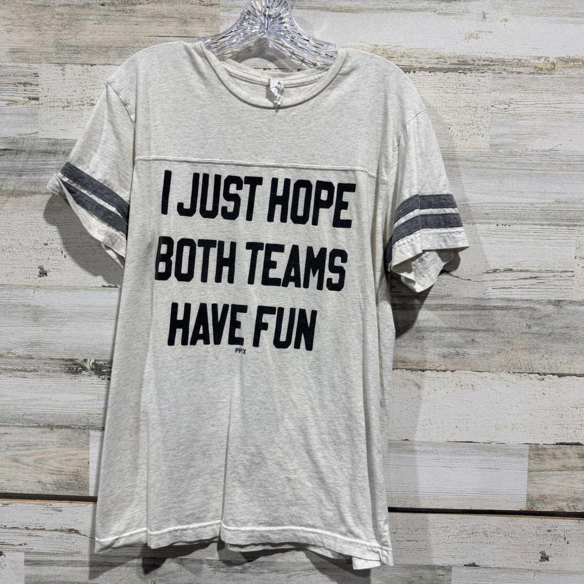 Live and Tell I Just Hope Both Teams Have Fun Tee Women M Gray Cotton Flawed*0