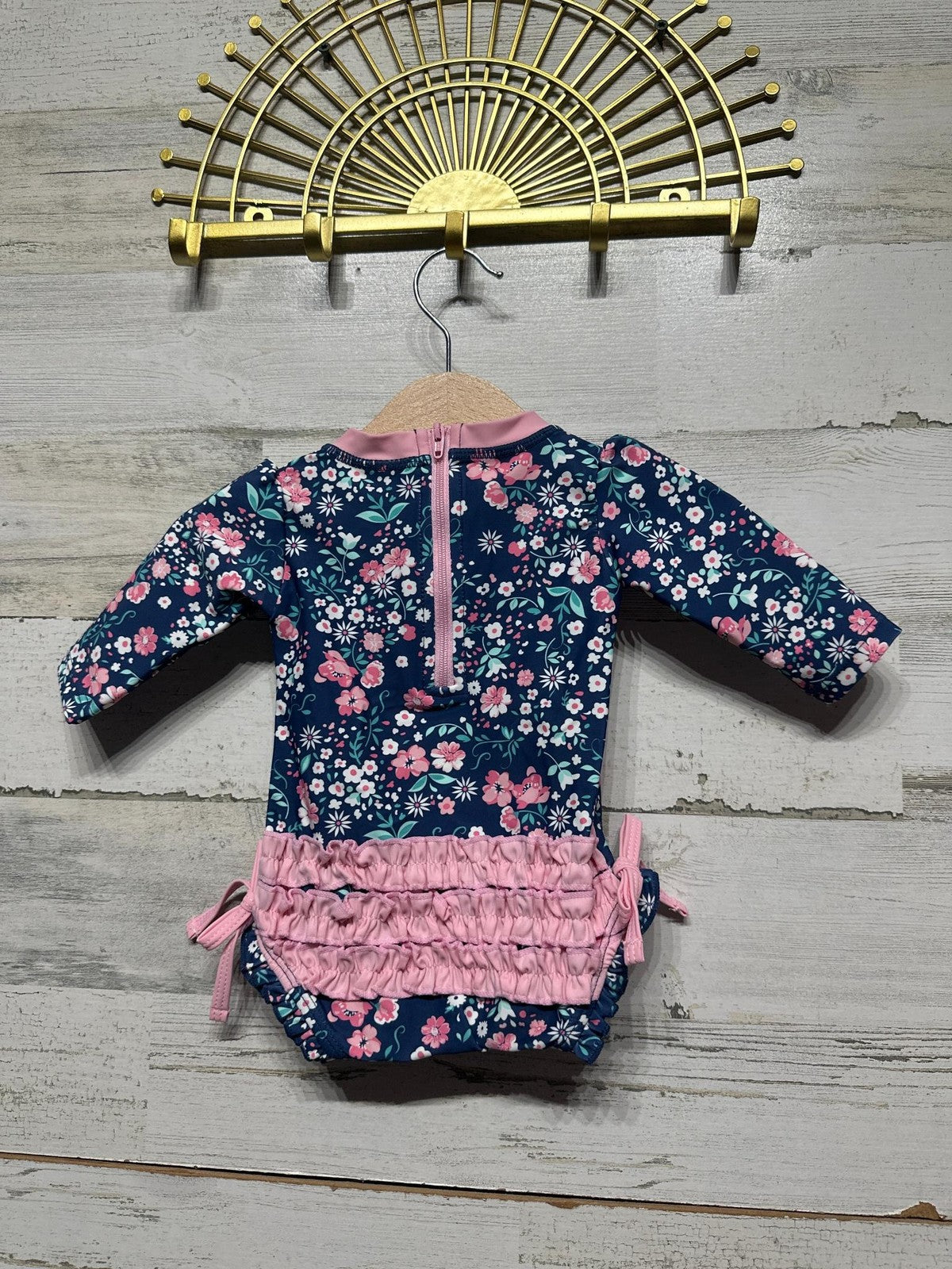 RuffleButts Swimsuit Kids 0-3m Navy Floral Long Sleeve UPF 50+ Ruffles NWT2