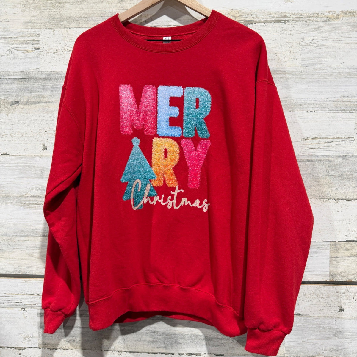Jerzees Sweatshirt Women Large Red Merry Christmas Graphic Holiday GUC*0