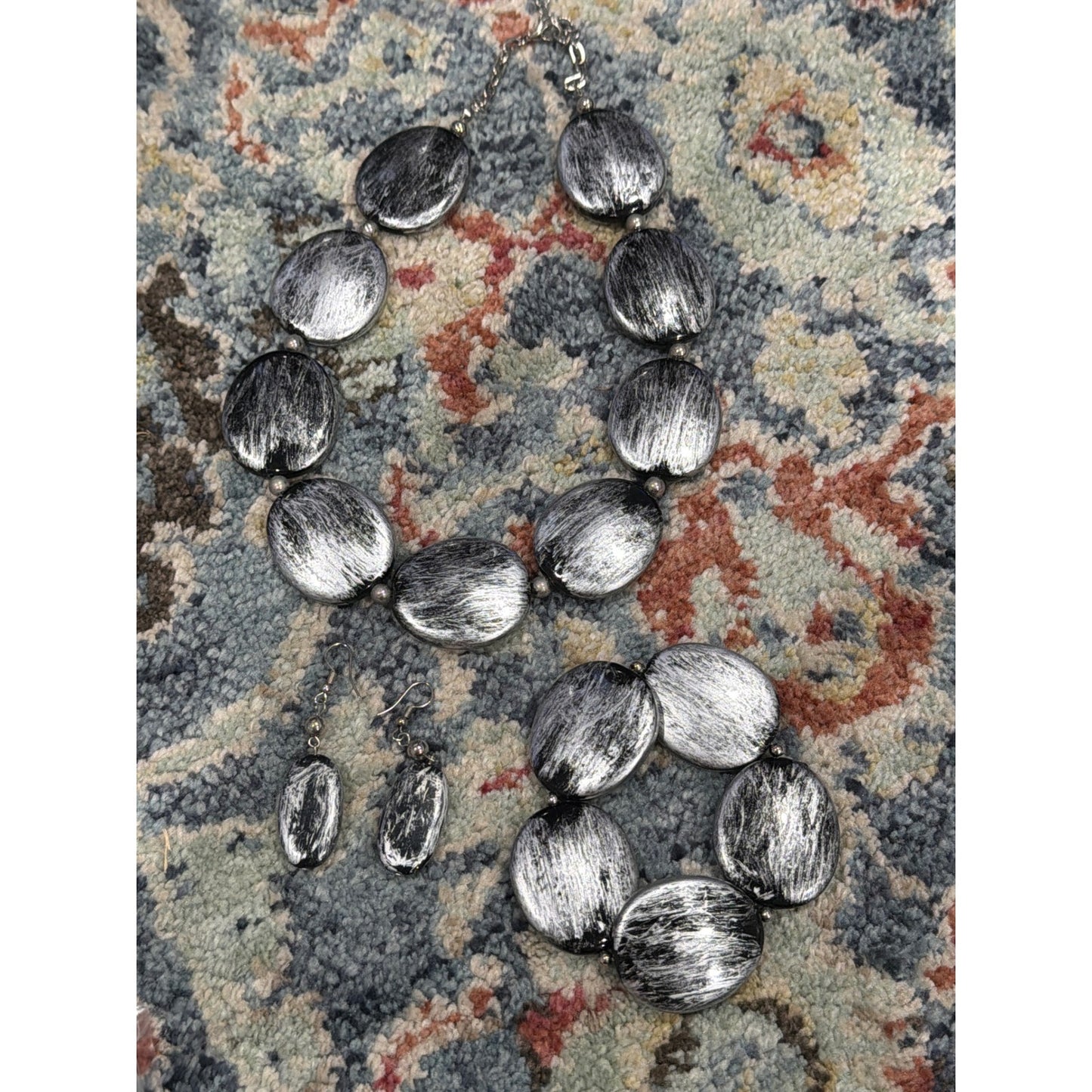 Jewelry Set Women Silver Distressed Brushed Statement Necklace Bracelet Earrings0