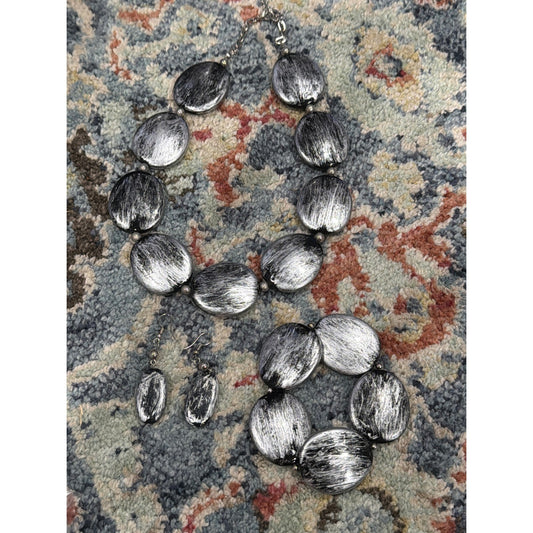 Jewelry Set Women Silver Distressed Brushed Statement Necklace Bracelet Earrings0