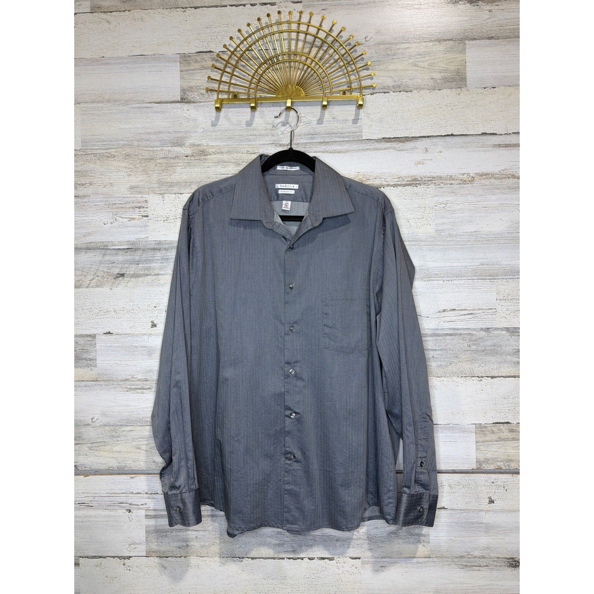Van Heusen Dress Shirt Men 17 34/35 Grey Royal Herringbone Regular Office EUC0