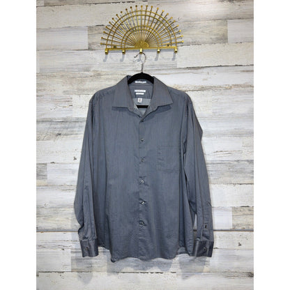 Van Heusen Dress Shirt Men 17 34/35 Grey Royal Herringbone Regular Office EUC0