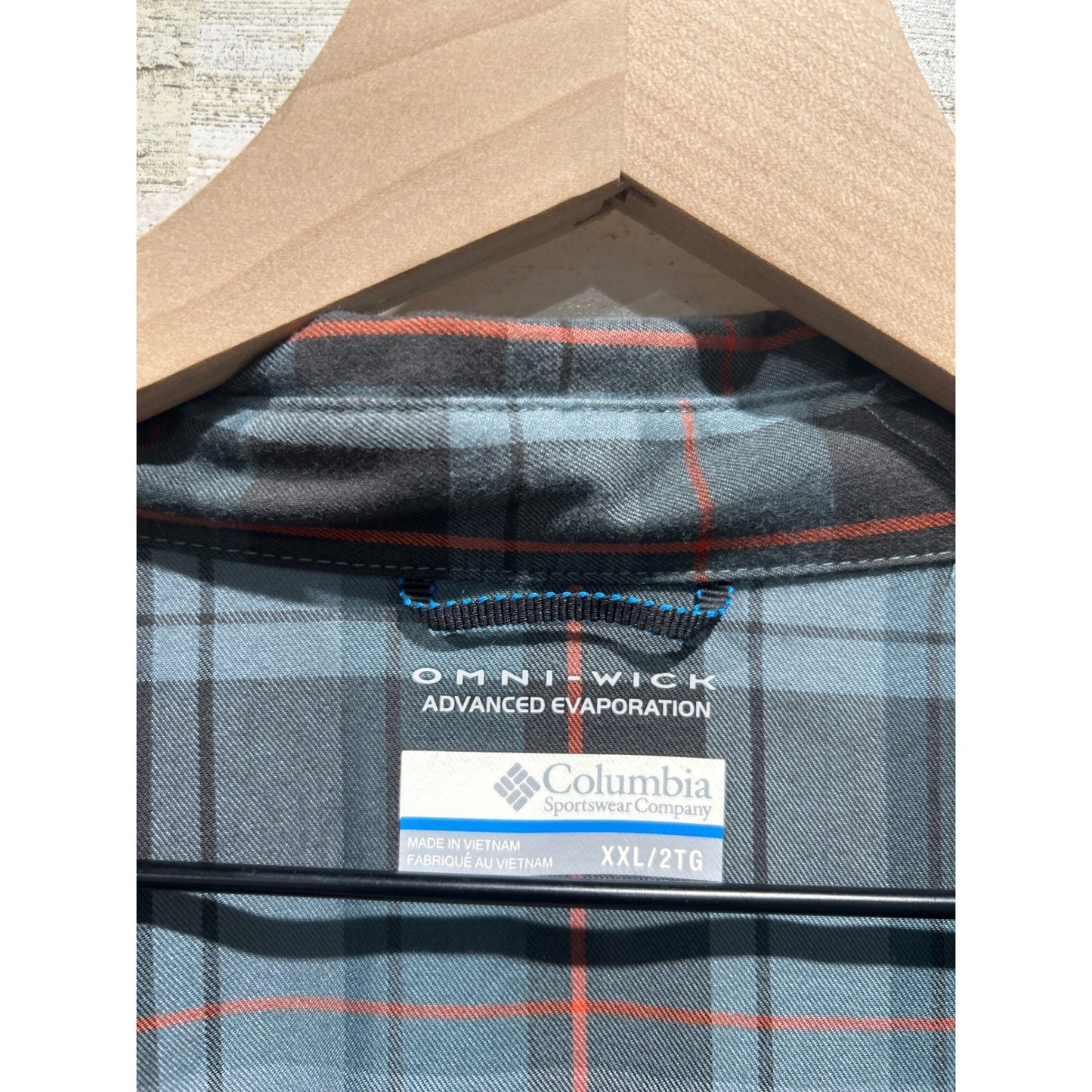 Columbia Plaid Button Up Shirt Men XXL Blue Orange Omni-Wick Gorpcore EUC1