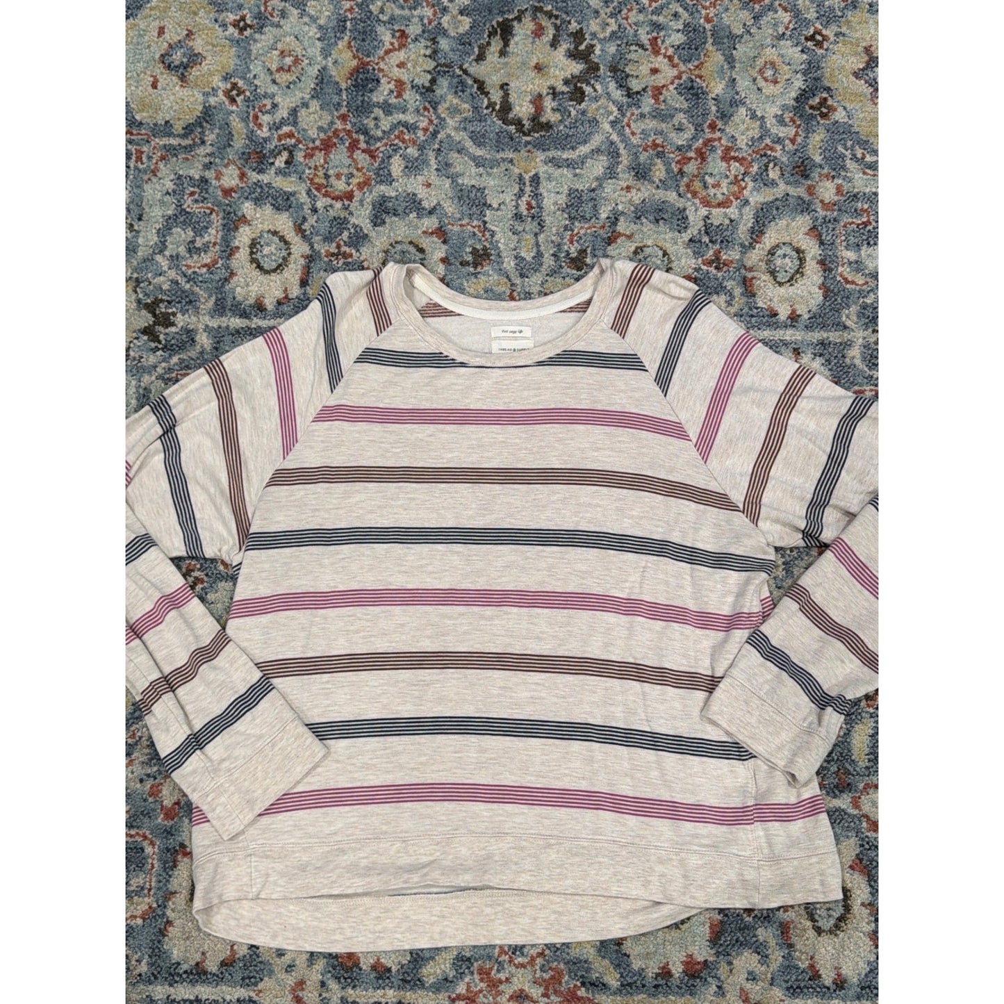 Thread & Supply Striped Pullover Women XL Tan Navy Burgundy Cozy Life EUC0