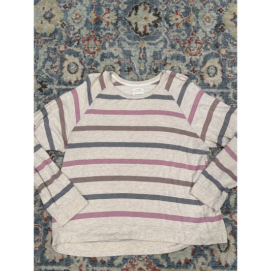 Thread & Supply Striped Pullover Women XL Tan Navy Burgundy Cozy Life EUC0
