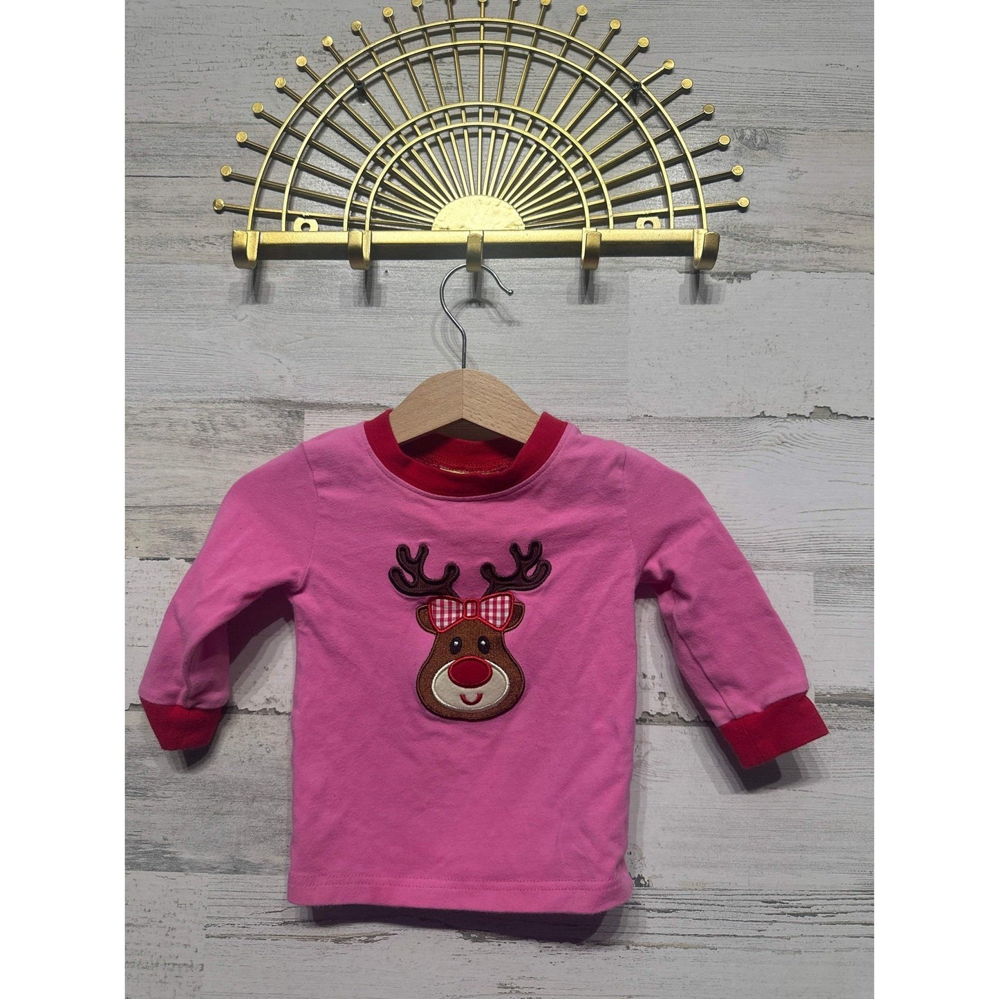 Classic Whimsy Reindeer Top Girls 9M Pink Red Christmas Applique EUC0