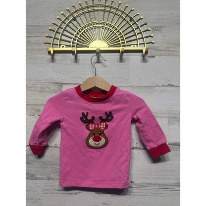 Classic Whimsy Reindeer Top Girls 9M Pink Red Christmas Applique EUC0