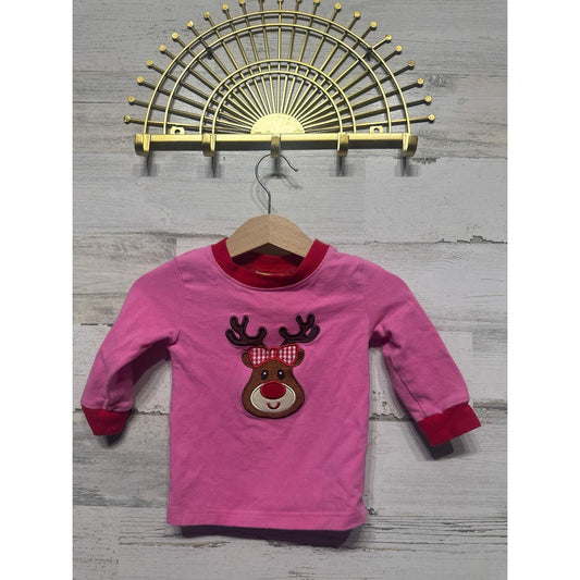 Classic Whimsy Reindeer Top Girls 9M Pink Red Christmas Applique EUC0