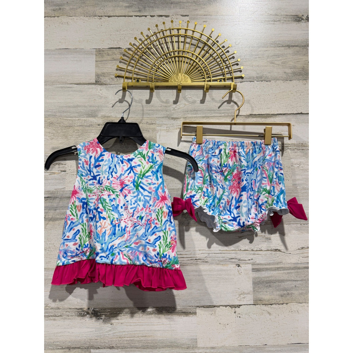 Little Bear Smocks Coral Reef Bloomers Set Girls 3T Pink Blue Cotton Coastal EUC0