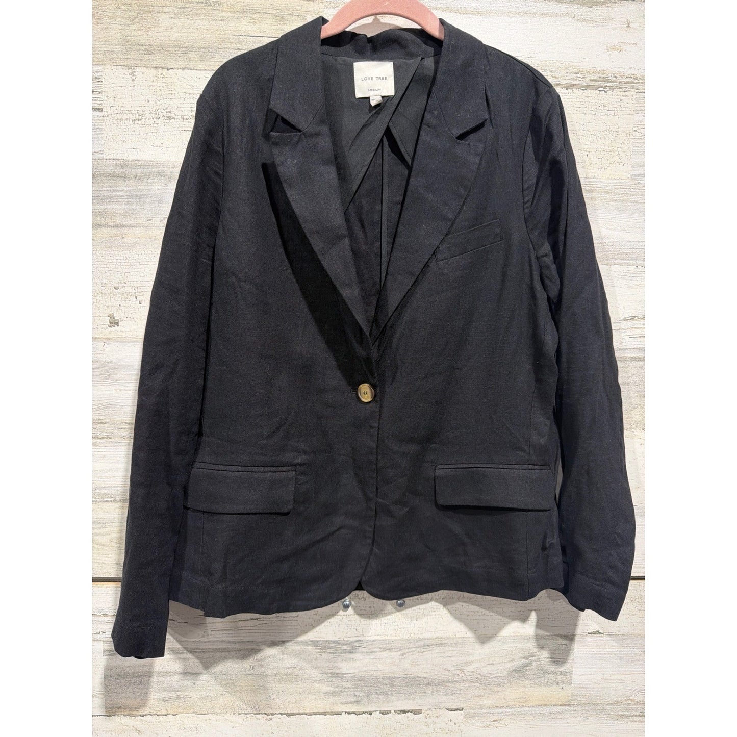 Love Tree Blazer Women Medium Black Linen Blend Single Button EUC0