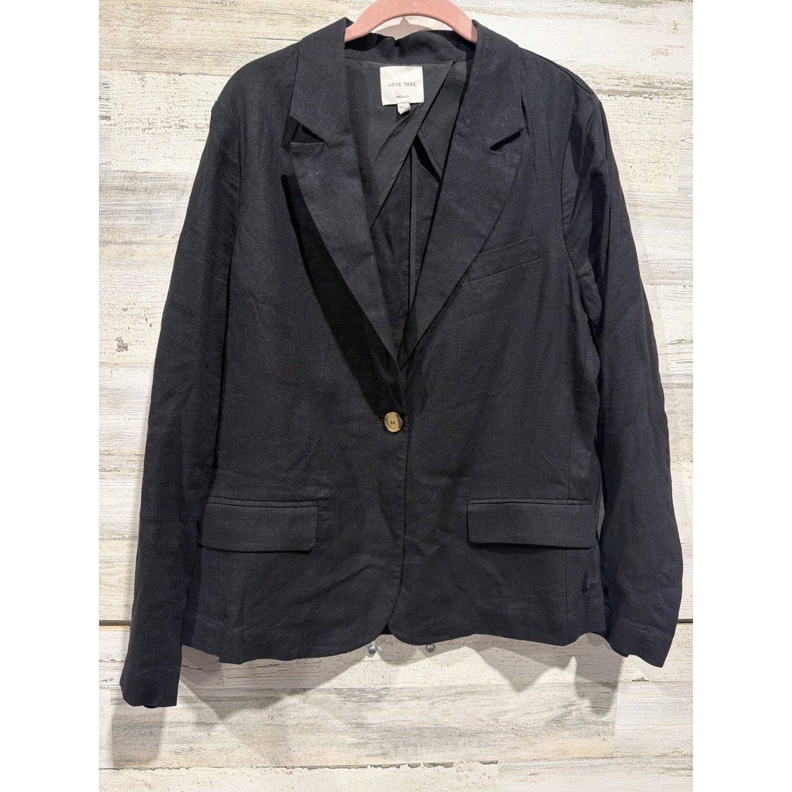 Love Tree Blazer Women Medium Black Linen Blend Single Button EUC0