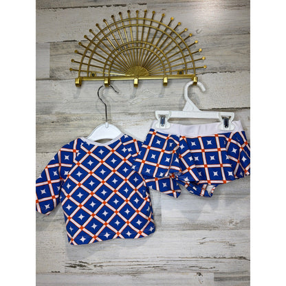 Mia Belle Swimsuit Girls 4T/5Y Blue Orange Geometric Rash Guard Skirt Set EUC4
