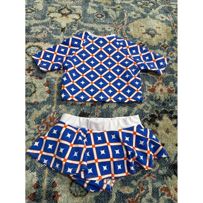 Mia Belle Swimsuit Girls 4T/5Y Blue Orange Geometric Rash Guard Skirt Set EUC3