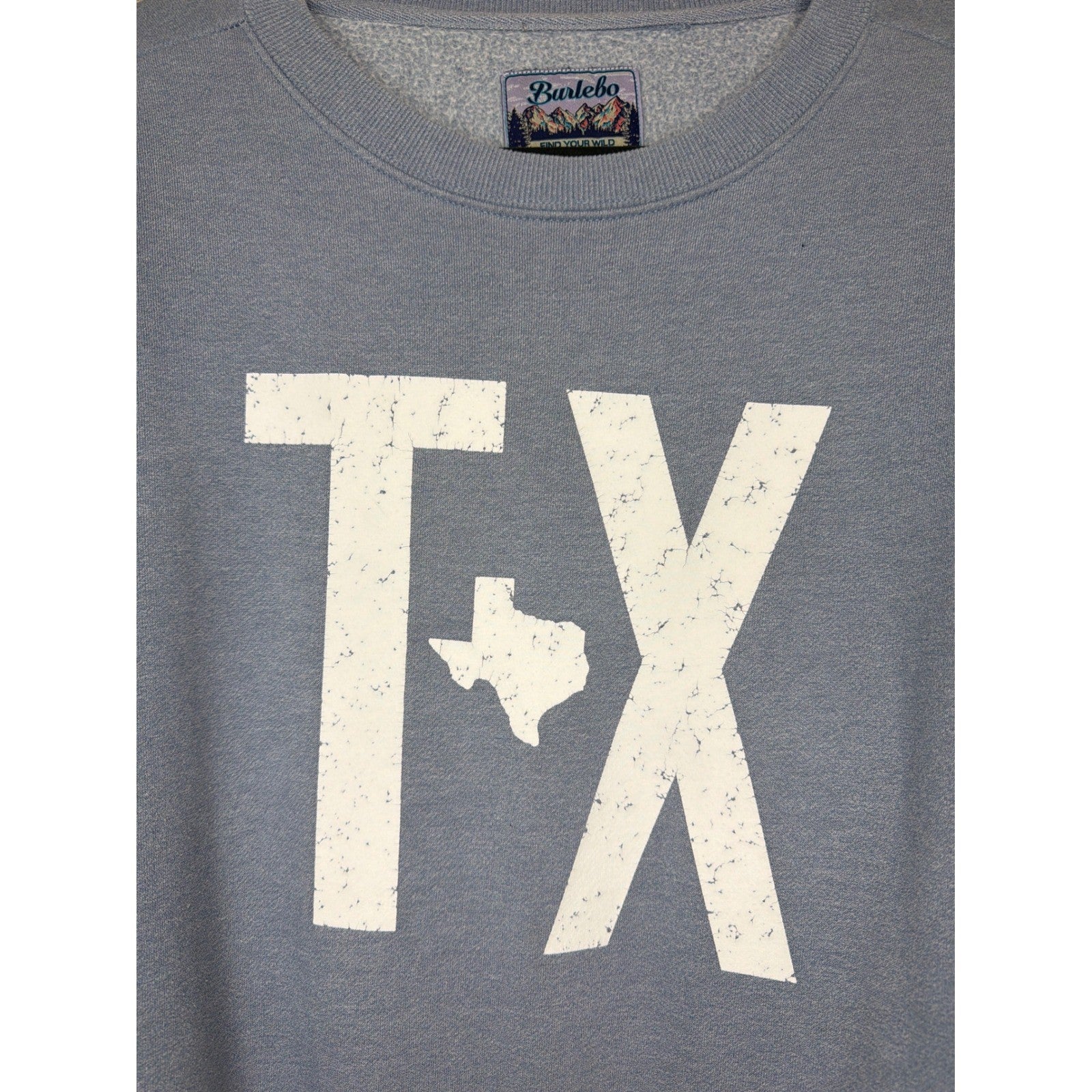 Burlebo Sweatshirt Women Large Blue Distressed Texas TX Graphic Flawed*1