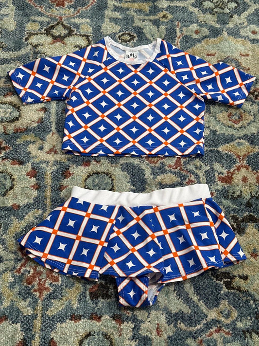 Mia Belle Swimsuit Girls 4T/5Y Blue Orange Geometric Rash Guard Skirt Set EUC0
