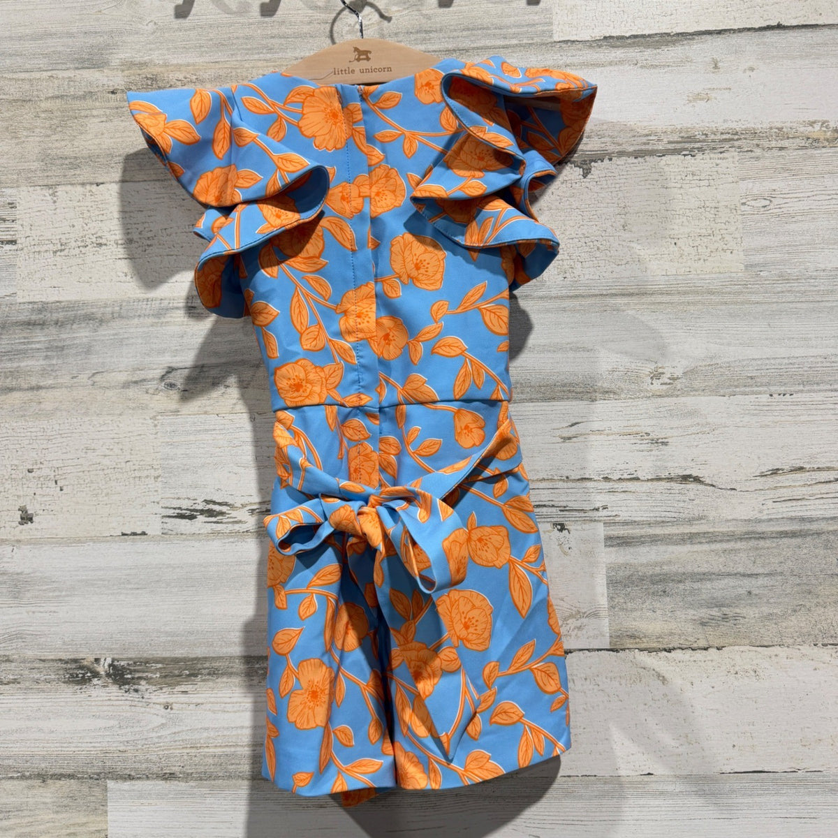 GB Girls Floral Ruffle Romper Kids Size 6 Blue Orange Spandex Modern EUC3