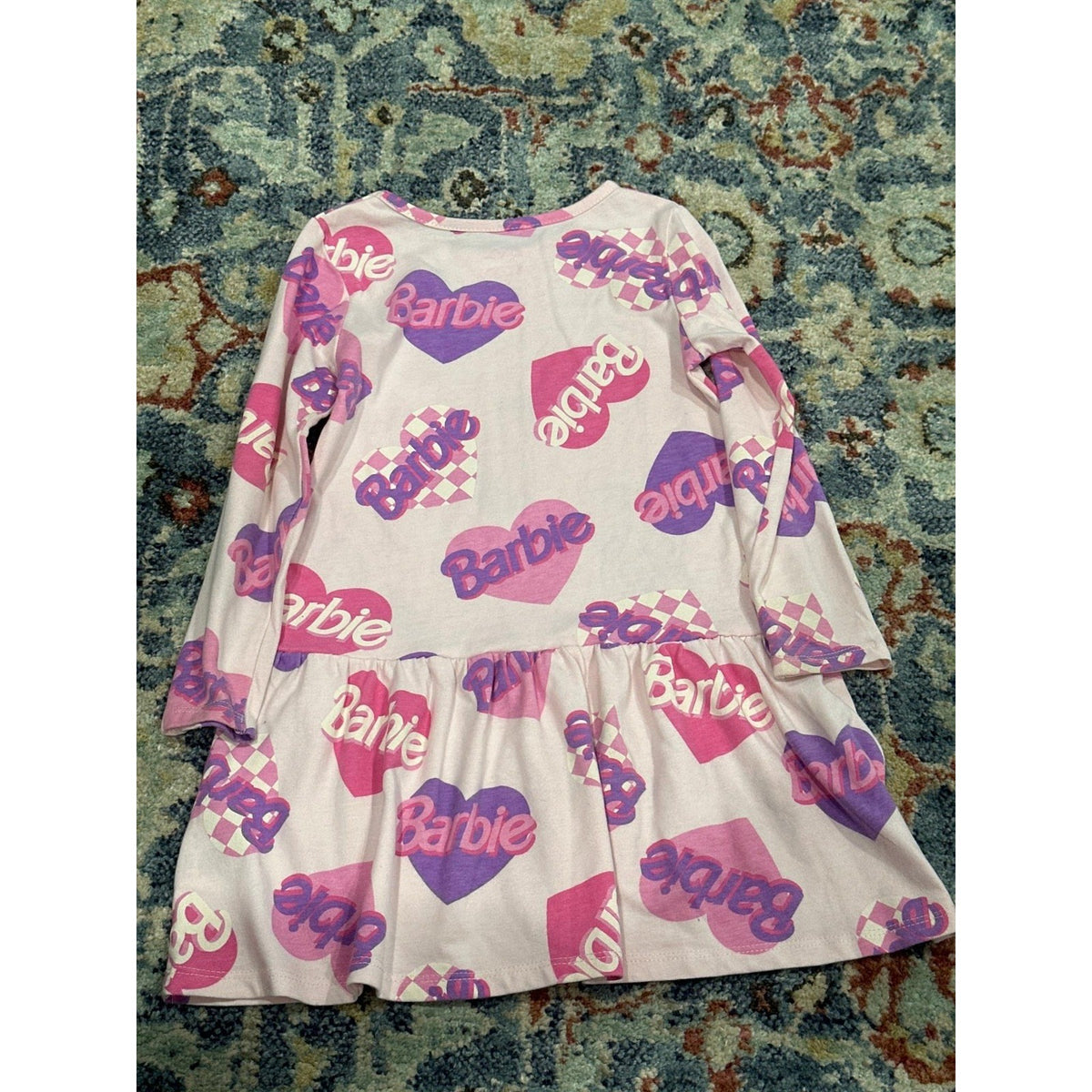 Barbie Dress Girls 4T Pink Heart Logo Long Sleeve Drop Waist EUC2