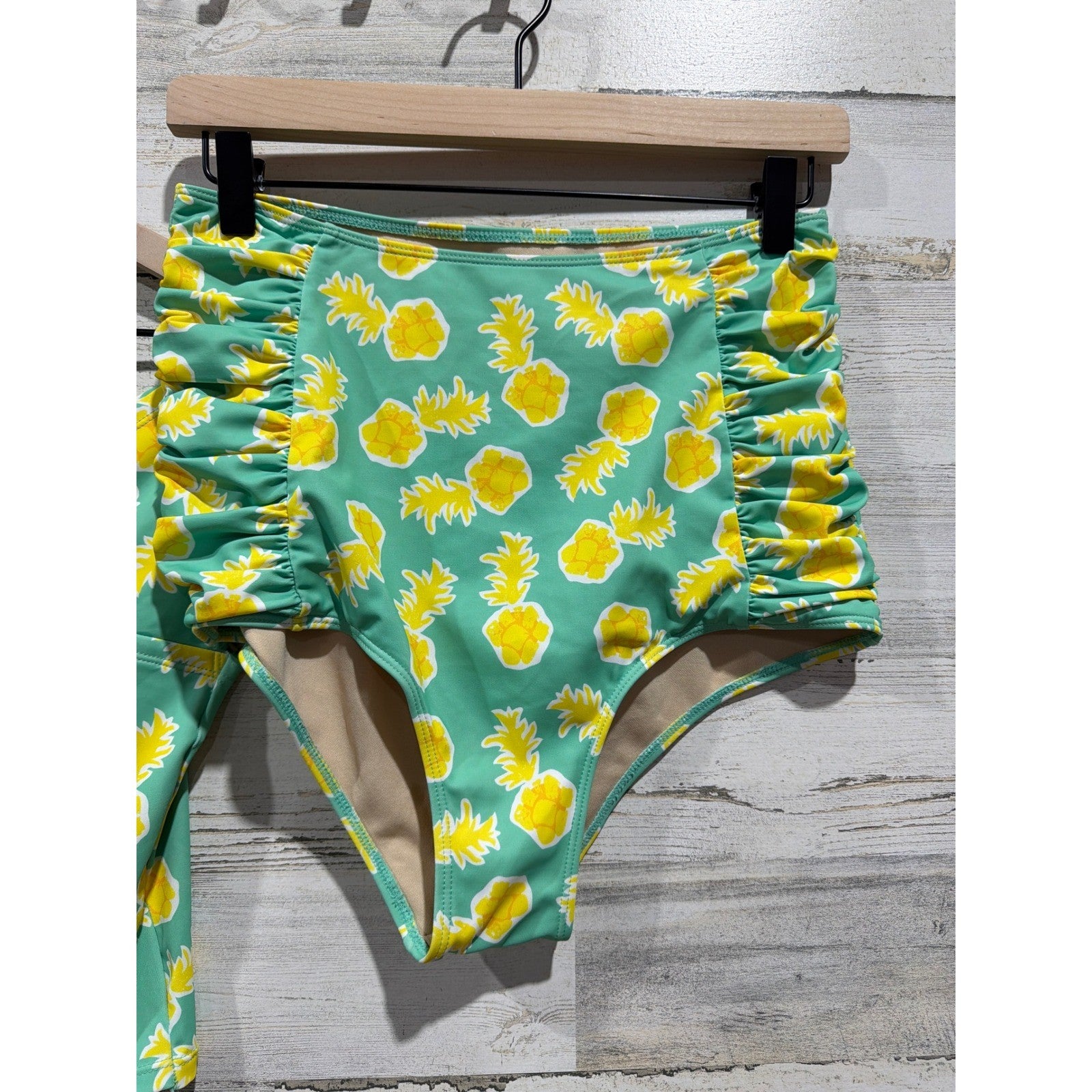 Kortni Jeane Swimsuit Women Medium Green Pineapple High Waist Modest Retro EUC2