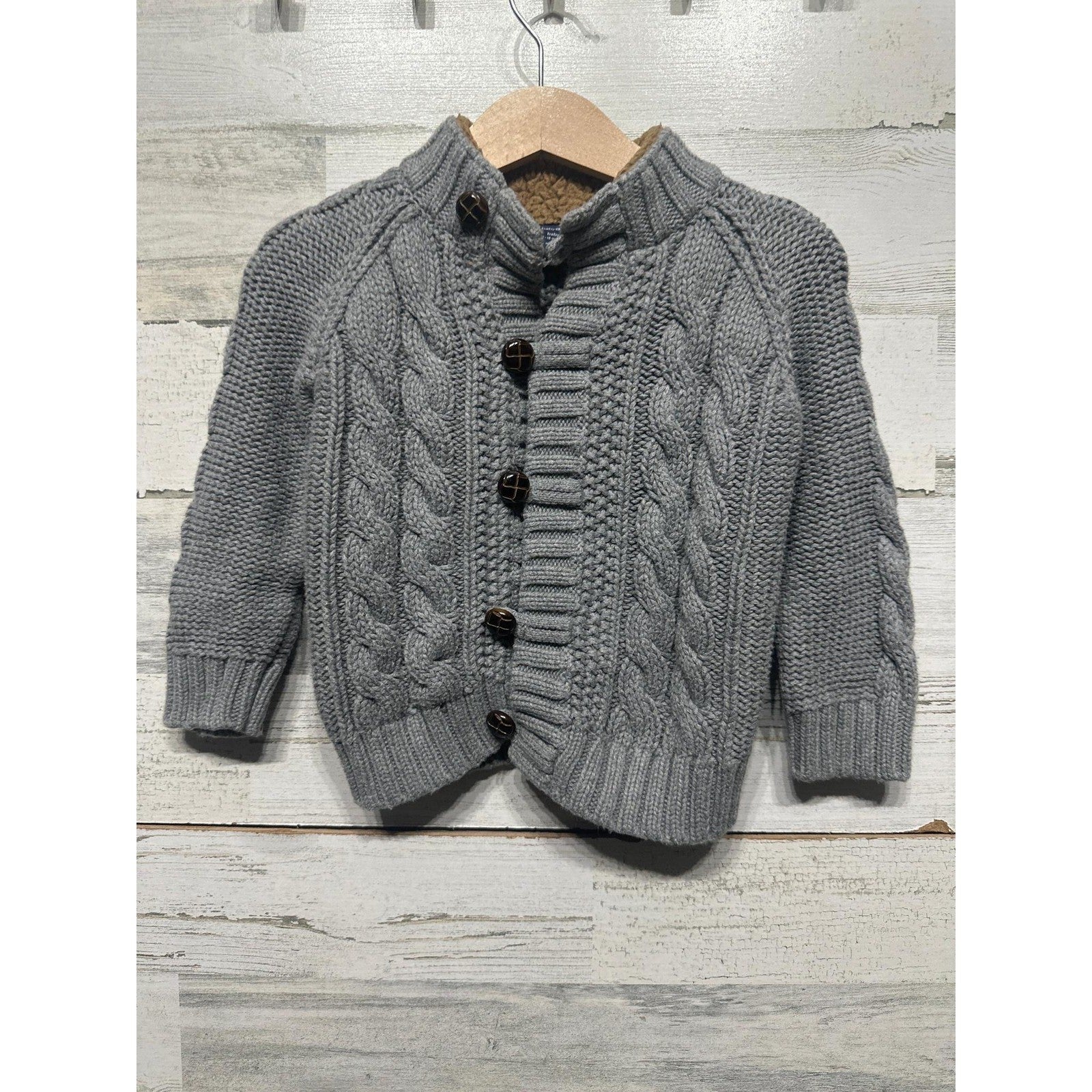 Gap Cable Knit Cardigan Boys 12-18M Gray Sherpa Lined Mock Neck EUC0