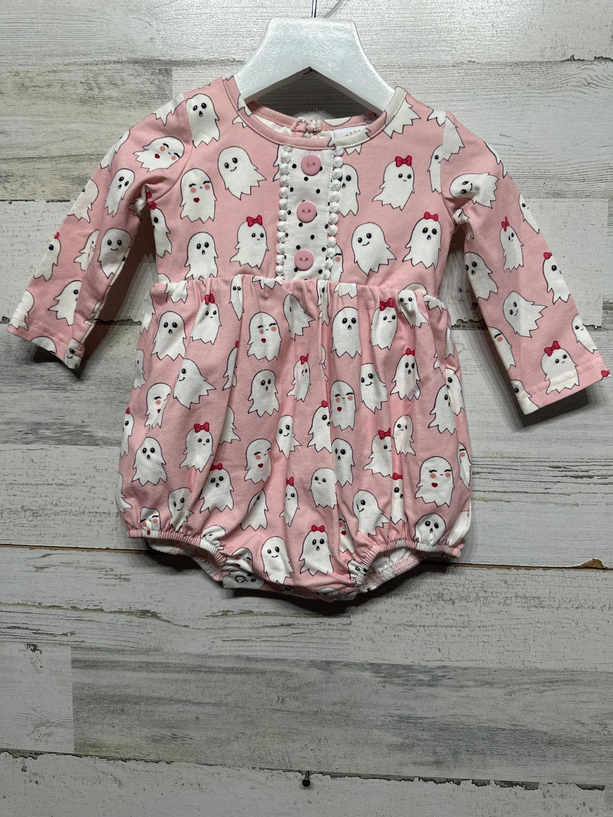 Pink Ghost Print Bubble Romper Girls 9M Pink Pom Pom Trim Halloween EUC0