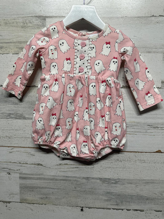 Pink Ghost Print Bubble Romper Girls 9M Pink Pom Pom Trim Halloween EUC0