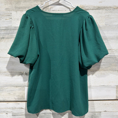 Gaudie V-Neck Blouse Women Large Green Puff Sleeve Career Office EUC2