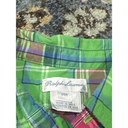 Ralph Lauren Button Down Kids 24M Green Pink Madras Plaid EUC1