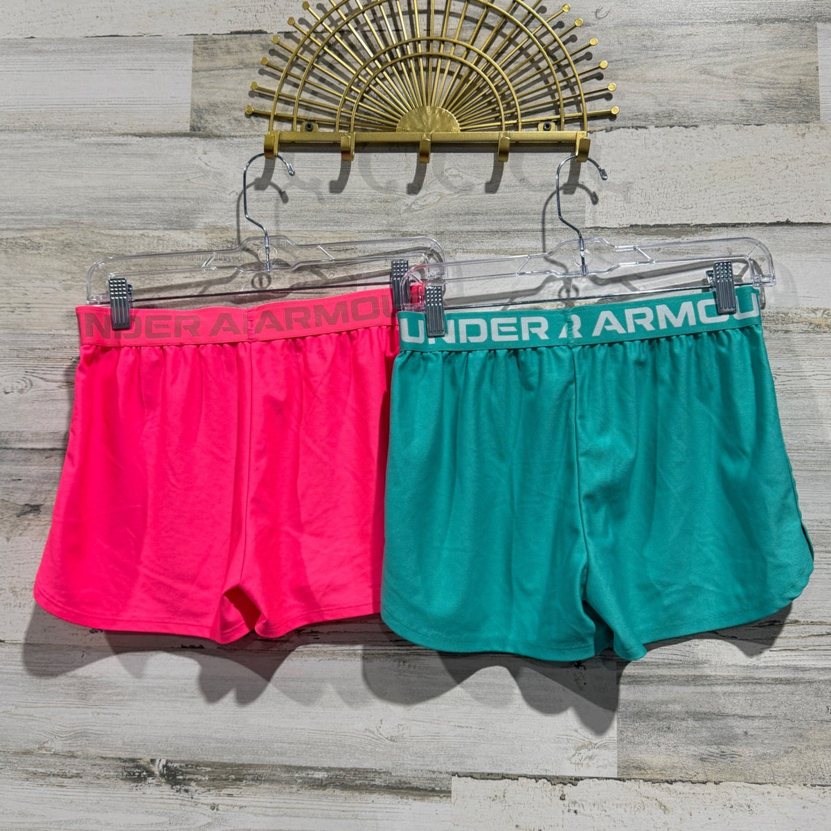 Under Armour Play Up Shorts Girls Large Pink Teal Polyester Athletic 2-Pack EUC3
