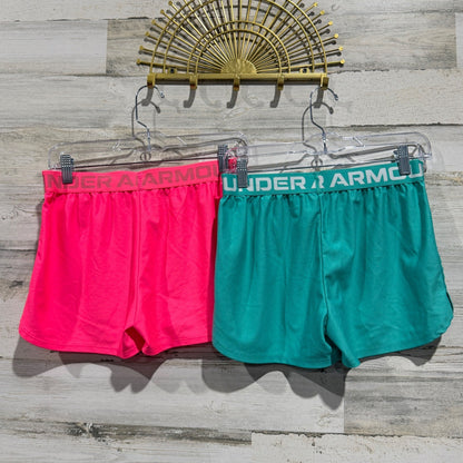 Under Armour Play Up Shorts Girls Large Pink Teal Polyester Athletic 2-Pack EUC3