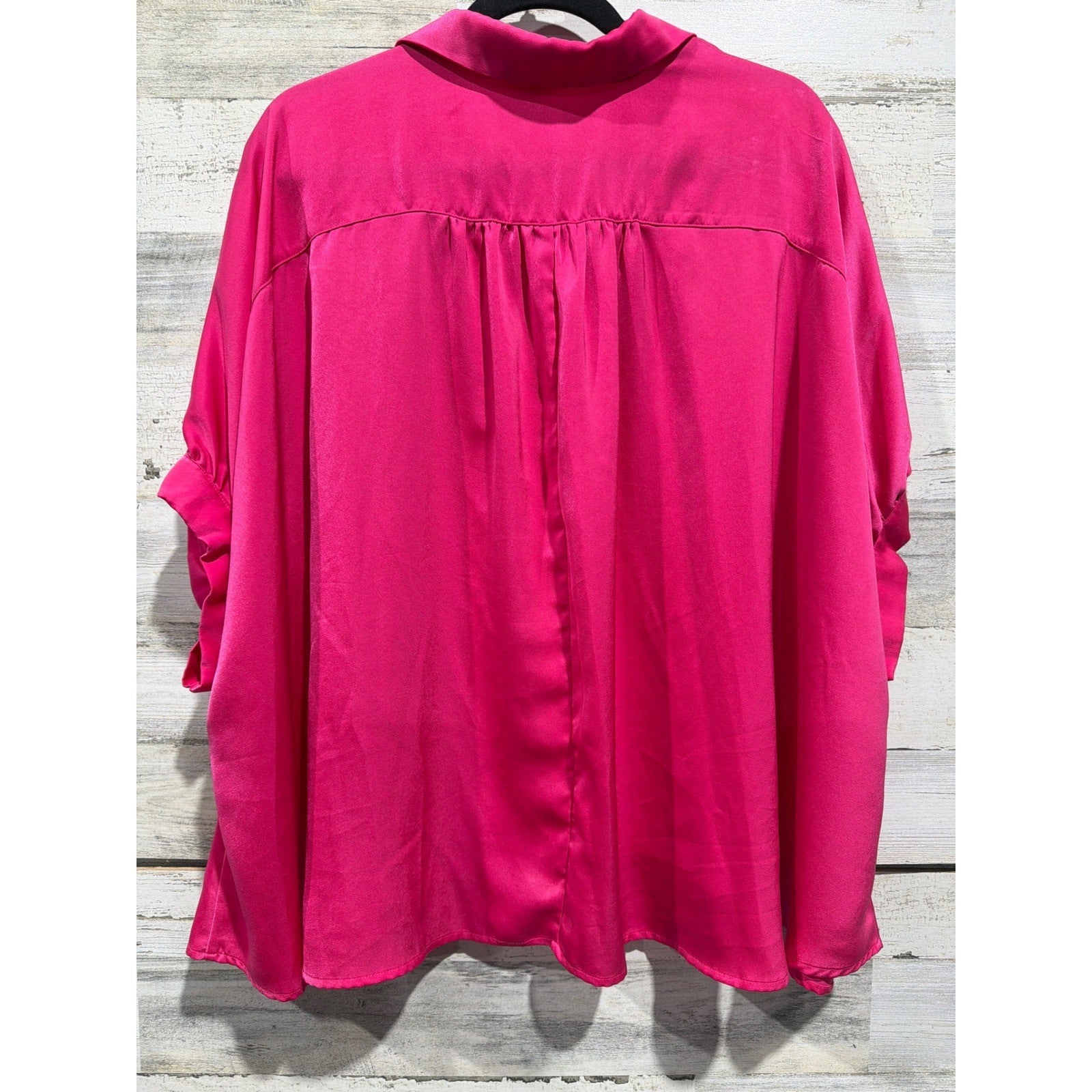 Ee:Some Satin Button Down Shirt Women Small Hot Pink Oversized Ruched Sleeve EUC4